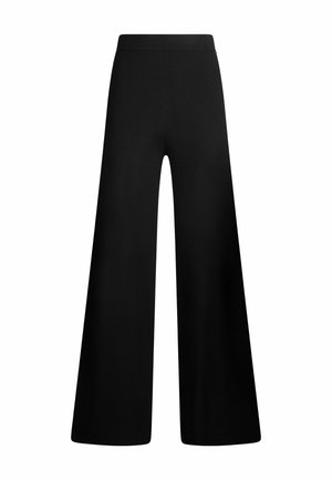 Pantaloni neri a gamba larga con vita alta. Tessuto liscio con finitura opaca, privo di motivi o materiali visibili.