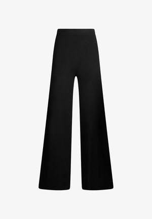 Black wide-leg trousers with a high waistband. Smooth fabric with a matte finish, featuring no visible patterns or hardware.