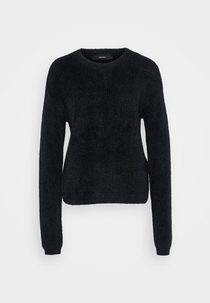 Fekete pulóver bolyhos anyagból, hosszú ujjal, kerek nyakkivágással, és enyhén cropped aljjal, amelynek textúrált felülete van.