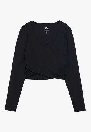 Mustat pitkät hihnat crop-top, jossa on V-aukkoinen kaula-aukko ja hienovaraista sivurypytystä, aseteltuna tasaiseksi valkoista taustaa vasten.