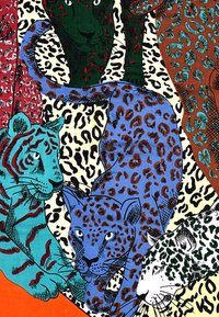 Diseño de tela colorido con varios leopardos y tigres estilizados en azul, verde, rojo y naranja sobre un fondo de estampado de leopardo contrastante.