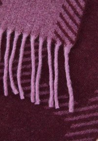 Cachecol de lã em púrpura escuro e lavanda clara com uma borda frisada e um padrão de riscas subtil. Textura suave com uma aparência quente e acolhedora.