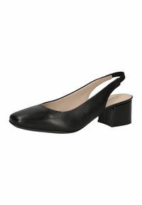 Juodas odinis slingback batelis su smailu nosiu ir bloko kulnu. Yra atvira šoninė dalis ir lygi tekstūra. Vidus šviesios spalvos.