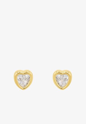 Goldene herzförmige Ohrringe mit klaren, facettierten Steinen, die in einem glatten äußeren Rahmen gefasst sind. Minimalistisches Design mit polierter Oberfläche.