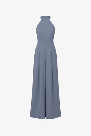 Sleeveless dusty blue wide-leg jumpsuit with high neck and fitted waist, featuring a back zipper closure.