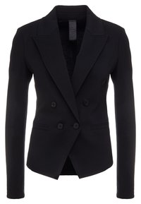 Blazer nero su misura doppiopetto con ampi risvolti, due tasche anteriori e maniche lunghe.