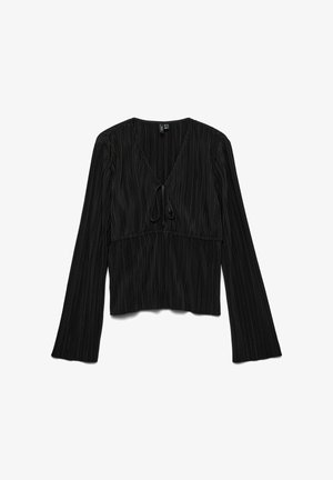 Svart plissert topp med lange ermer, V-hals og knyttedetalj foran, med en kort lengde og teksturert stoff.