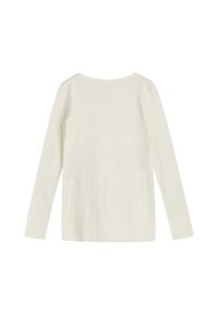 Leichter Creamfarbener Pullover mit langen Ärmeln, strukturierten Mustern am Körper sowie geripptem Saum und Bündchen. Schlichtes, rundes Halsbündchen.