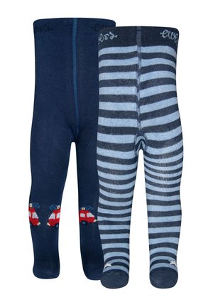 Zwei Paar Kleinkinder-Strumpfhosen: eine marineblau mit rotem Feuerwehrauto-Motiv, eine hellblau mit marineblauen horizontalen Streifen, beide mit elastischen Bund.