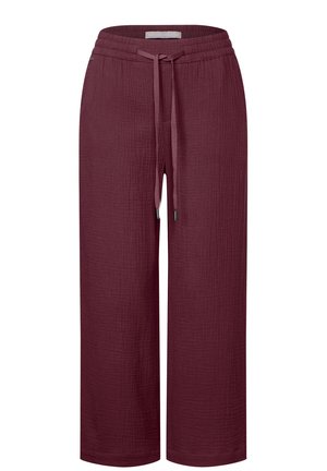 Bordeaux wijdlopende broek van textiel met textuur, met een elastische tailleband en verstelbaar trekkoord met zilveren hardware accenten.