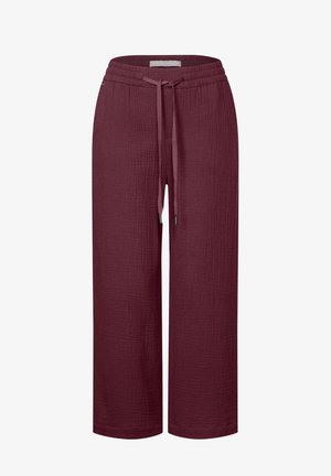 Bordeaux wijdlopende broek van textiel met textuur, met een elastische tailleband en verstelbaar trekkoord met zilveren hardware accenten.
