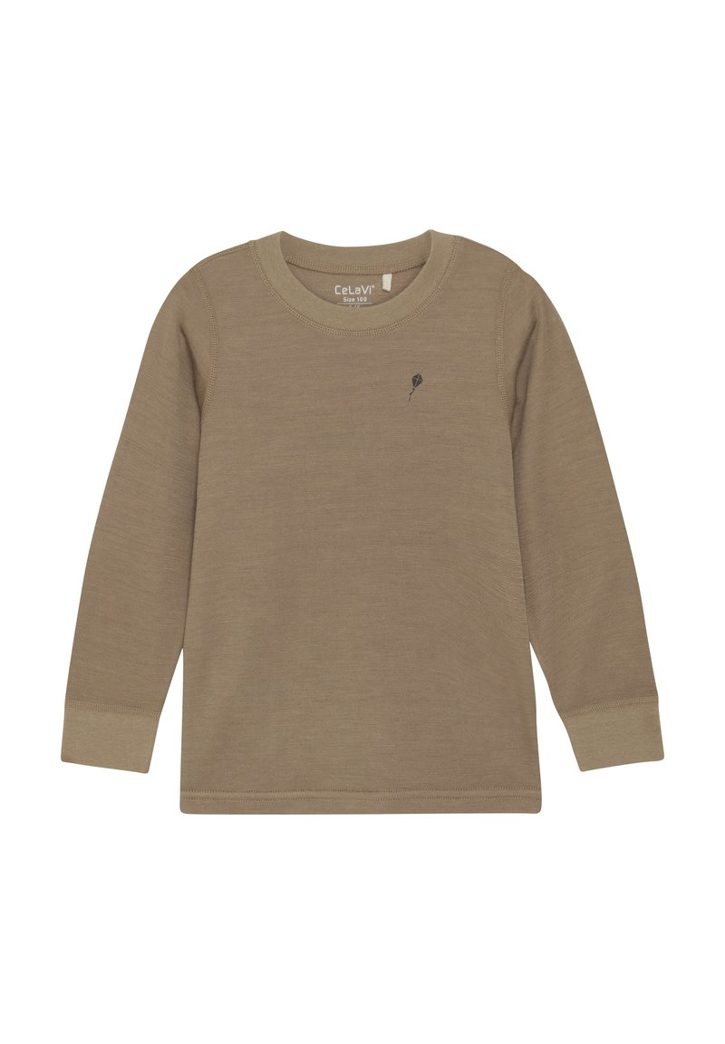 Langarmhemd in einem gedämpften Braunton, mit Rippstruktur, Rundhalsausschnitt und einem kleinen Drachenmotiv auf der Brust. Aus weichem Material gefertigt.