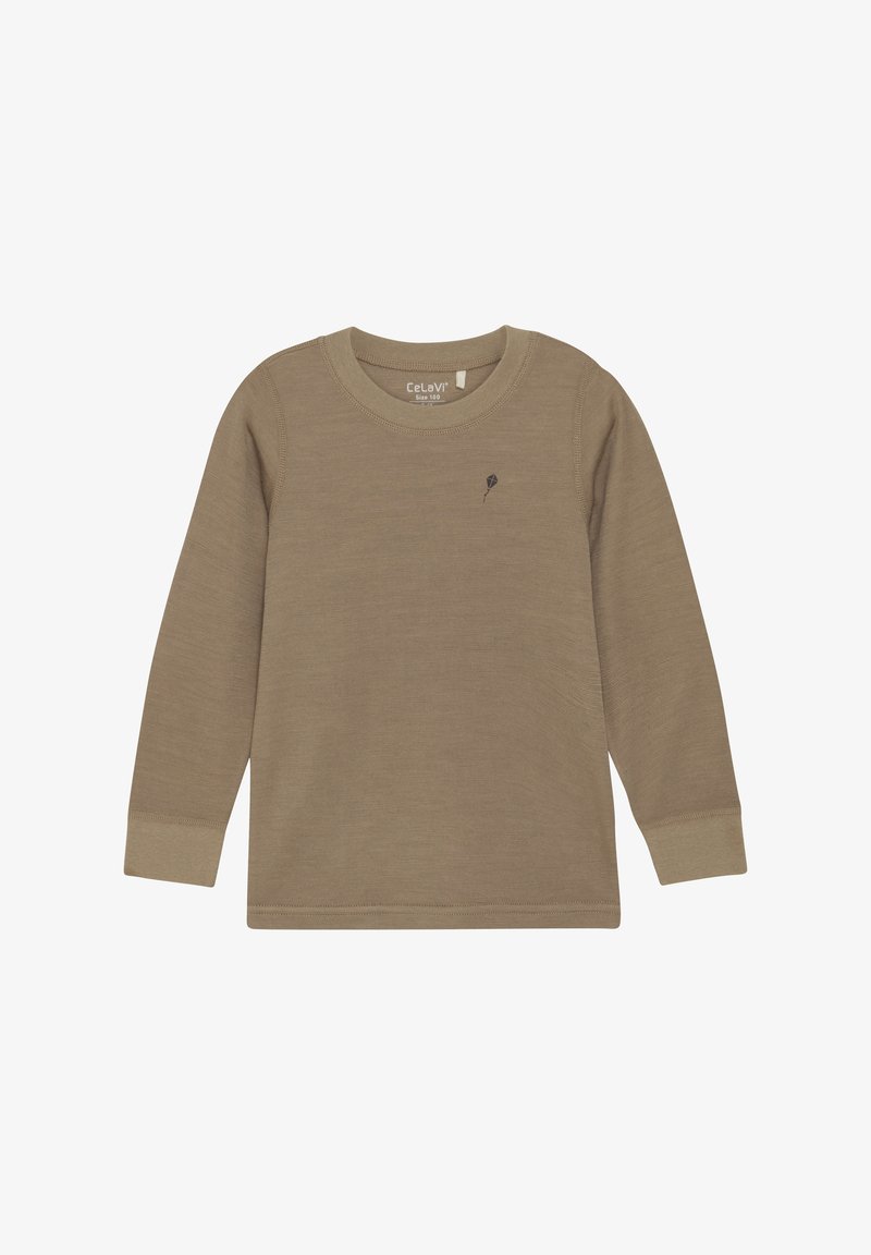 Langarmhemd in einem gedämpften Braunton, mit Rippstruktur, Rundhalsausschnitt und einem kleinen Drachenmotiv auf der Brust. Aus weichem Material gefertigt.