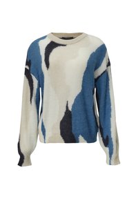 Strickpullover mit abstrakten Mustern in Blau, Beige und Schwarz. Rundhalsausschnitt und lange Ärmel mit lockerer Passform. Strukturierter Wollmix.