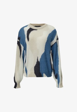 Strickpullover mit abstrakten Mustern in Blau, Beige und Schwarz. Rundhalsausschnitt und lange Ärmel mit lockerer Passform. Strukturierter Wollmix.