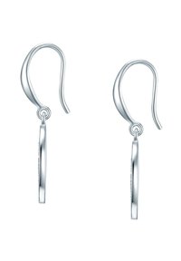 Silvriga hängörhängen med en rund berlock med polerad yta och texturerade detaljer längs kanten. Enkel och elegant design.