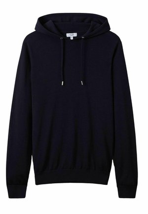 Sudadera con capucha en color marino, tejido suave, mangas largas, cordón en la capucha, puños y dobladillo acanalados, diseño minimalista sin patrones visibles.