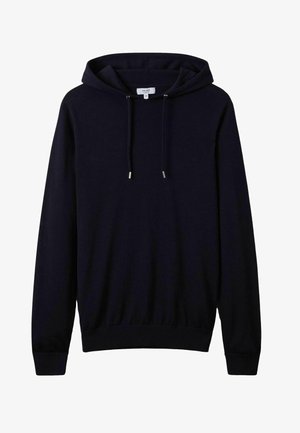 Marineblå huva sweatshirt, mjukt tyg, långa ärmar, dragsko vid huvan, ribbade ärmar och fåll, minimalistisk design utan synliga mönster.