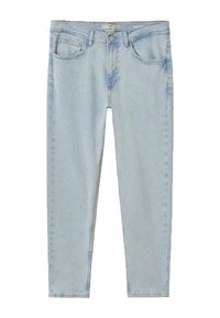Jeans de mezclilla azul claro con un ajuste slim, que cuentan con cinco bolsillos y un desvanecido sutil. Diseñados con un cierre tradicional de cremallera y botón.