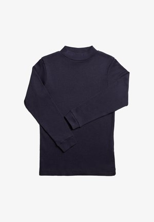 Camiseta de cuello alto de manga larga en color navy, fabricada con una tela suave y elástica, con un diseño ajustado y cuello y puños acanalados. Textura lisa, sin patrones.