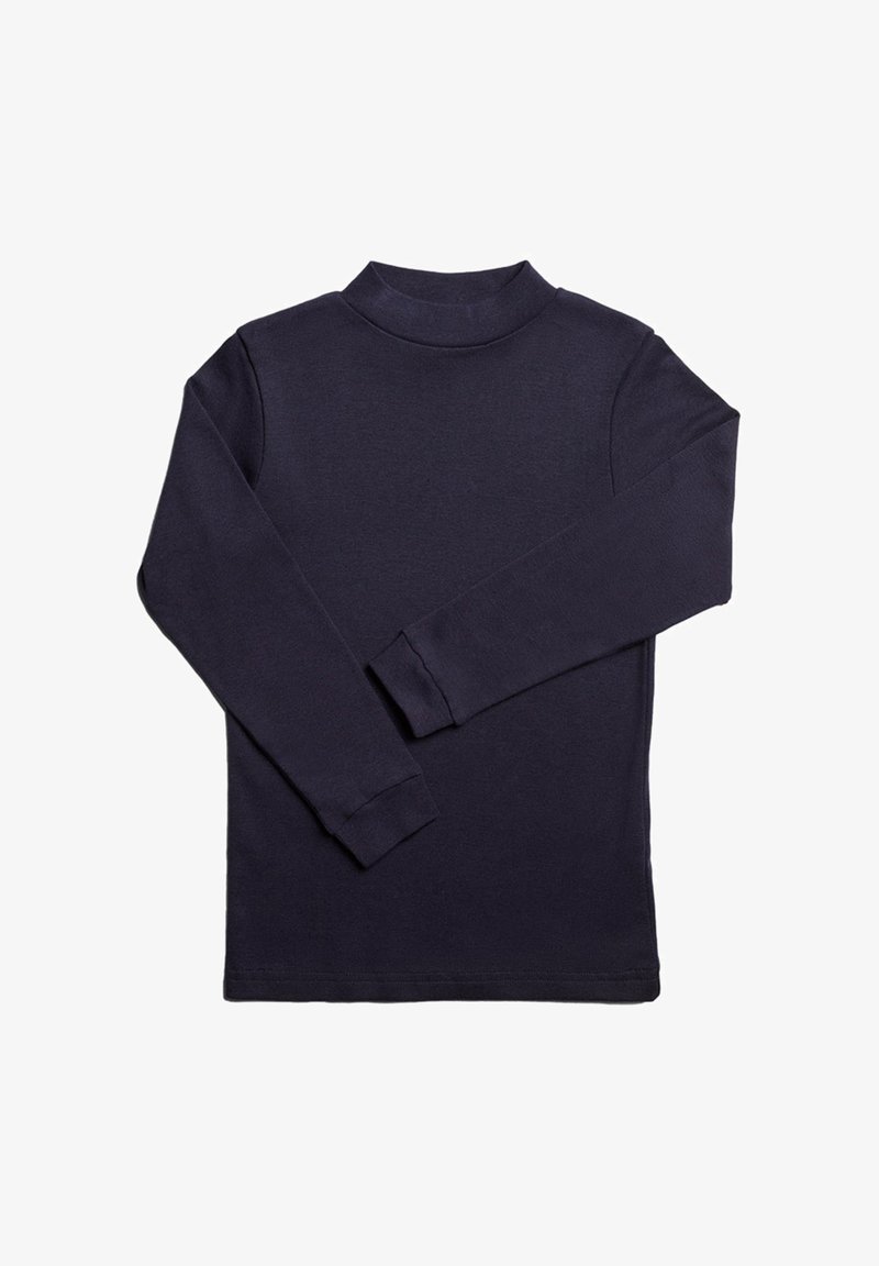 Camiseta de cuello alto de manga larga en color navy, fabricada con una tela suave y elástica, con un diseño ajustado y cuello y puños acanalados. Textura lisa, sin patrones.