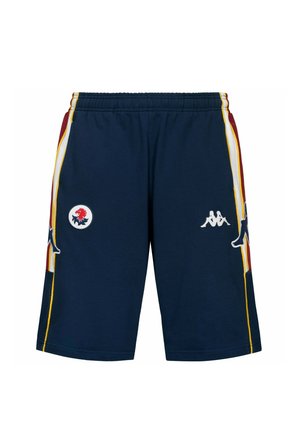 Pantaloncini sportivi blu navy con strisce laterali gialle, bianche e rosse, vita elastica e loghi del marchio bianchi sul davanti.