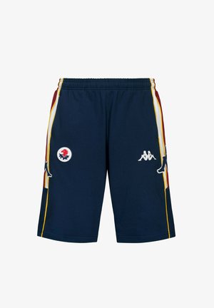Pantaloncini sportivi blu navy con strisce laterali gialle, bianche e rosse, vita elastica e loghi del marchio bianchi sul davanti.