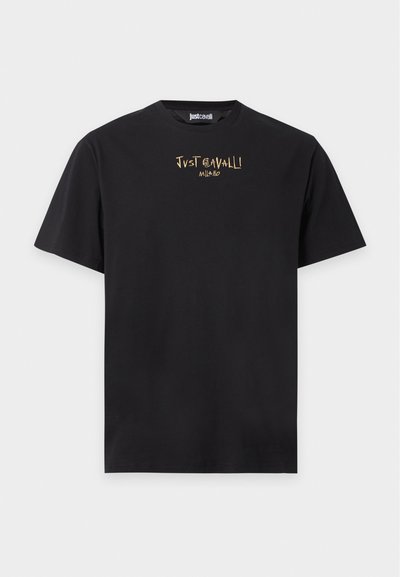 Черна тениска с къси ръкави със златисто лого в стил ръкопис "Just Cavalli Milano" на гърдите и кръгло деколте.
