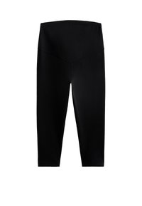 Črne legice do gležnjev iz raztegljive tkanine, z visokim in širokim pasom ter gladkim, mat končajem. Brez vzorcev ali dodatkov.