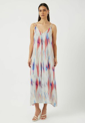 Maxi-jurk van lichtgewicht stof met een v-hals, voorzien van een meerkleurig abstract patroon in rood, blauw en wit. Dunne banden.