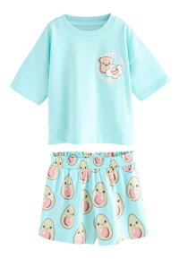 Turkis bomuld t-shirt med korte ærmer og rund halsudskæring, der har en grafik med tegneseriebamser. Matchende shorts med avocado-mønster.
