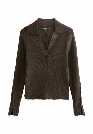 Dark brown ribbed knit sweater with long sleeves, V-neck collar, and slits at the cuffs, size small, labeled "NEXT" brand.