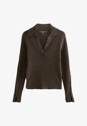 Dunkelbrauner, gerippter Strickpullover mit langen Ärmeln, V-Ausschnitt und Schlitzen an den Manschetten, Größe S, der Marke "NEXT".