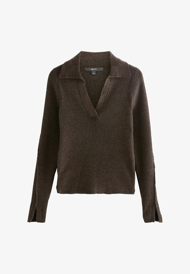 Mørkebrunt ribbet striktrøje med lange ærmer, V-hals og slids i manchetterne, størrelse small, mærket "NEXT".