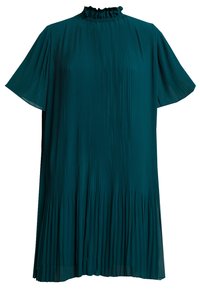 Vestido plisado en color verde azulado con un escote alto con volantes y mangas cortas. Tela ligera, silueta fluida y detalle de pliegues en capas.