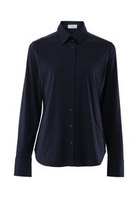 Navy long-sleeve shirt made of smooth fabric, featuring a traditional collar, full button placket, and single-button cuffs.