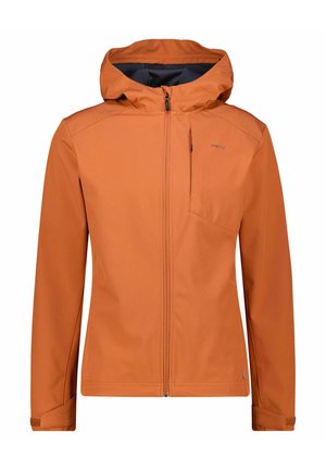 Wasserfeste orange Jacke mit durchgehendem Reißverschluss, Kapuze und verstellbaren Manschetten. Verfügt über eine Brusttasche und eine glatte, weiche Außenoberfläche.