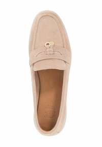 Light pink suede loafer with a rounded toe, gold hardware accent, cushioned interior, and a textured sole.