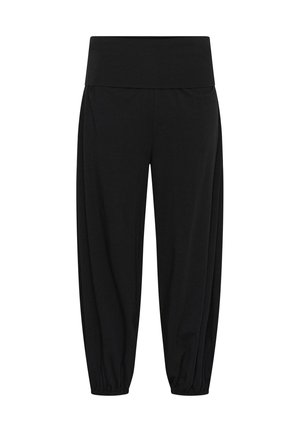 Sorte løstsiddende bukser med bred elastisk talje og opsamlede manchetter ved anklerne, designet til komfort og afslappet brug.