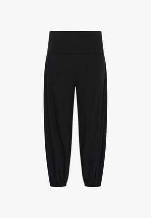 Sorte løstsiddende bukser med bred elastisk talje og opsamlede manchetter ved anklerne, designet til komfort og afslappet brug.