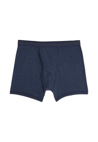 Mörkblå bomullsboxer med en snug passform, med en framöppning och en mjuk elastisk midjeband. Slät textur och rena sömmar.