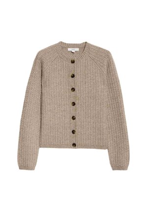 Beige gestrickte Jacke mit langen Ärmeln, gerippten Bündchen, rundem Ausschnitt und einer Reihe von sieben dunklen Knöpfen auf der Vorderseite.