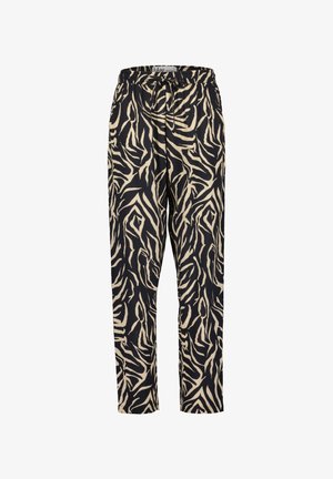 Loose-fit pants with black and beige zebra print, elastic waistband, and front drawstring tie.