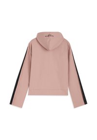 Sudadera corta rosa con una franja negra a lo largo de las mangas. Cuenta con capucha y texto impreso en la espalda. Hecha de tela suave.