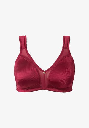 Rode satijnen bh met transparante mesh panelen, een driehoekige vorm, decoratieve kantafwerking en een klein accent in het midden. Inclusief verstelbare bandjes.