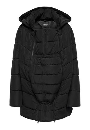 Veste d'hiver matelassée noire avec capuche, fermeture éclair frontale et détail taille élastique, présentée sur un fond blanc.