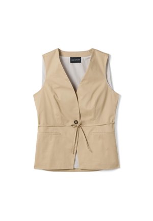 Mouwloos beige vest met diepe V-hals, enkele knoopsluiting, ceintuur in de taille, twee voorzakken met een spleet en een witte gestreepte voering.