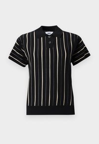 Μαύρο κοντομάνικο πόλο πουκάμισο με μπεζ κάθετες ρίγες, δύο μαύρα κουμπιά, ριμπ τελείωμα και γιακά με την ετικέτα "OBEY".