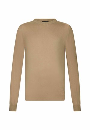 Beige pikkade varrukatega kudum, millel on ümar kaelus. Sellel on sile tekstuur ja ribikantidega mansetid ning see on valmistatud pehmest kangast, millel ei ole nähtavaid mustreid.