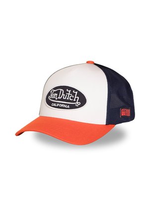 White and navy trucker cap with orange brim, front patch reading "Von Dutch California," and small red tag on mesh side.